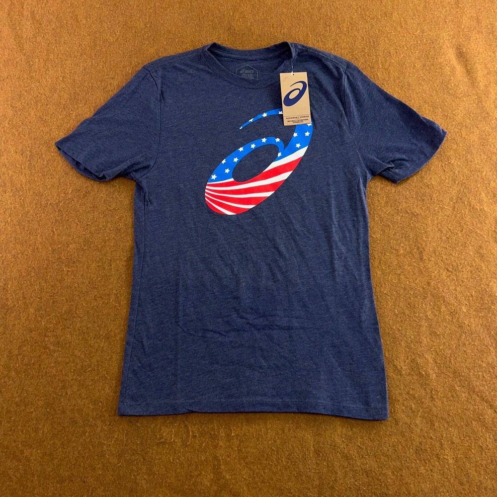 Asics Mens XS Navy Blue Stars and Stripes Spiral Graphic T-Shirt NWT